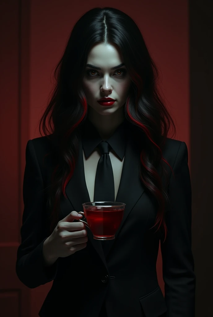 American woman with long black hair with blood-red tips,  brown eyes ,  white skin . Shes wearing an all-black outfit, a suit and tie.. Shes holding a cup with blood in it.  The look and expression of an evil psychopath . realistic.