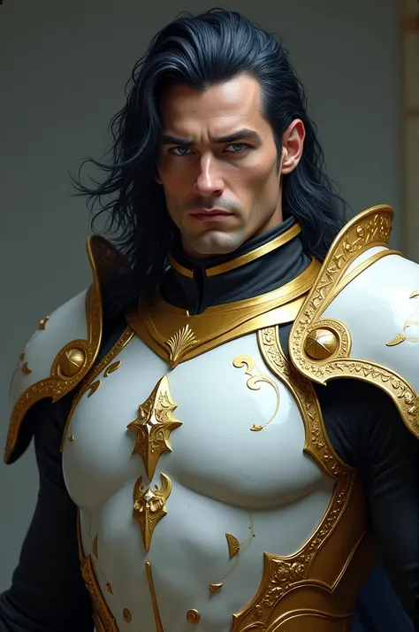 A guard ,  boots of white and gold armor, white skinned,  Blue Eyes,  black hair, Tall and strong. ( In armor ,  he only wears ,  pants and chest .)