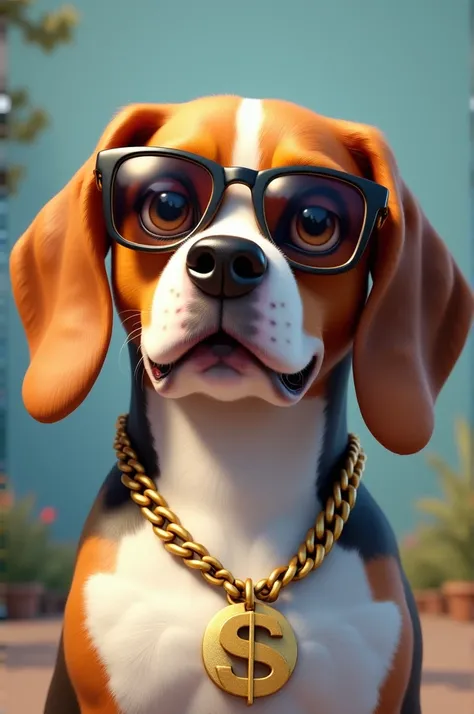 A cute beagle face wearing sunglasses with dollar sign, looks swag with wearing a gold chain