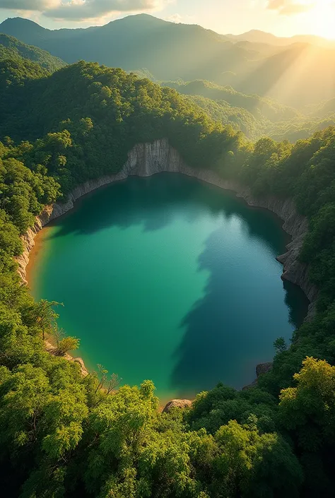 Aerial view of Lake Guatavita , perfectly round,  surrounded by lush vegetation .  The water reflects the golden and green tones of the jungle under a clear sky."
