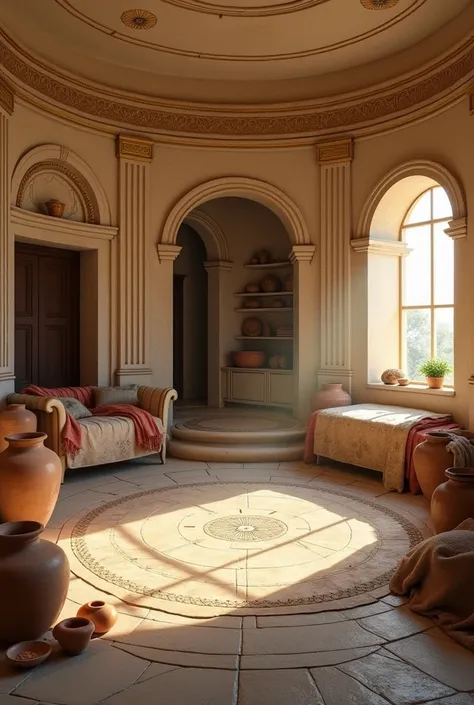  Ancient Greek house interior ,  low round room , old earthenware kitchen  , wool blankets ,  white wooden chests ,  gold details on the walls , medium large vases,  bed inside the wall