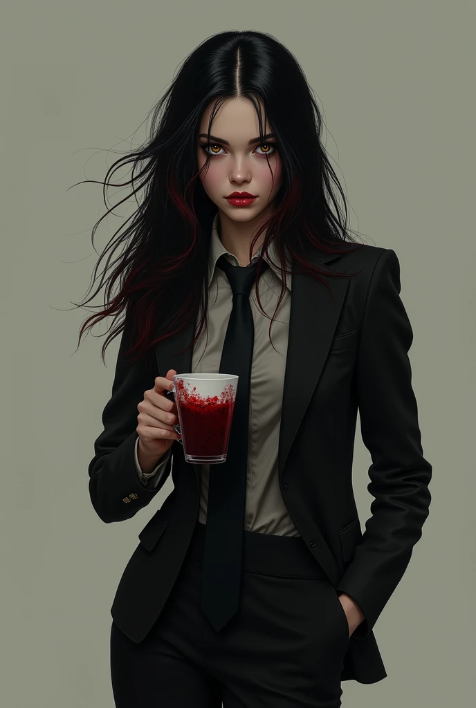 Beautiful American woman with long black hair with blood-red tips,  brown eyes ,  white skin . Shes wearing an all-black outfit, a suit and tie.. Shes holding a cup with blood in it.  The look and expression of an evil psychopath . realistic.