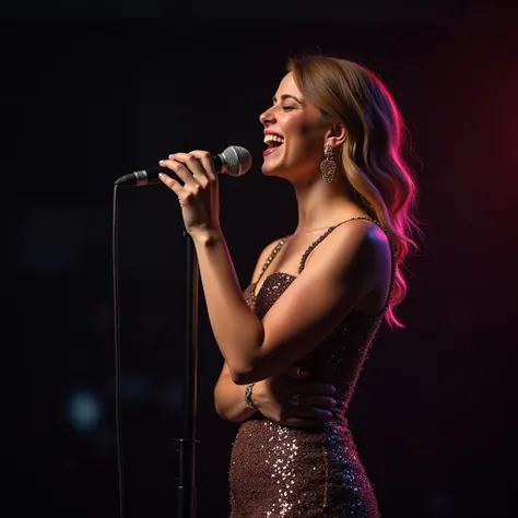 Generate an image for an advertising post for a vocal studio for ren and adults, a woman in a beautiful festive dress with a microphone stands on stage, looks straight ahead, sings and smiles at the audience.