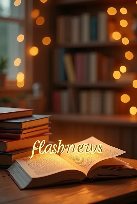 A warm, cozy scene featuring a wooden table with an open book and a stack of colorful books arranged neatly beside it. Golden fairy lights are draped around the setting, emitting a soft and inviting glow. The text FlashNewsCapsule is prominently displayed,...