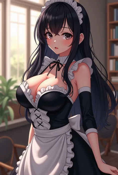 Maid girl, Hourglass body shape, black hair, Obsidian Black eye color, anime girl, cute, beautiful, long hair, teenager 20 year, k-cup, kuudere, sexy body