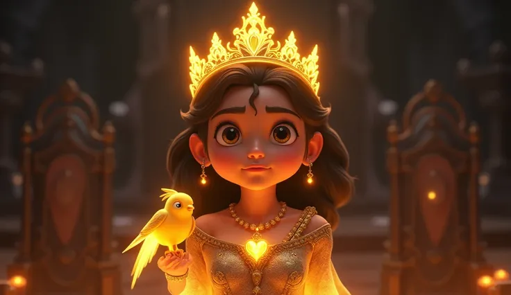 Animated image: A young  cute curious princess wearing a golden, intricately designed crown with glowing light emanating from it,princess standing defiantly before a dark throne, the golden bird on her shoulder glowing fiercely against the encroaching shad...