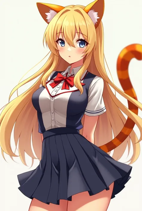 A pretty girl with big bust and long blond hair . She is wearing a Japanese school uniform. her skin is slightly tanned.  She is not a person but has ears like a lioness and a corresponding tail. Im Anime style