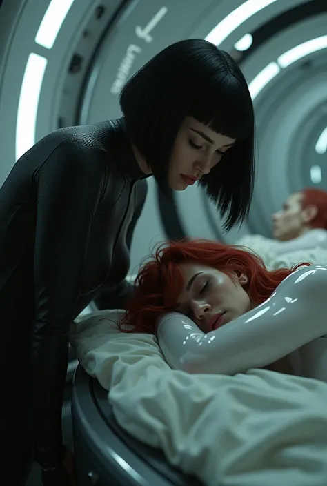 A beautiful Russian woman with black bob hair in a futuristic black figure hugging flightsuit leans on a sleeping red haired woman long messy  hair wearing a white latex outfit  who is lying in a cryogenic hypersleep pod. A futuristic sci nostromo interior...