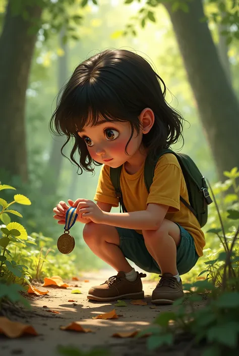 Girl finds a medal in the woods