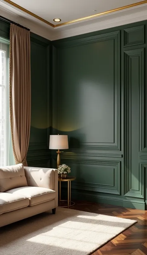  vertical image ,  acts as interior designer , foto de una sala de estilo contemporary : walls: dark green color,  low ceiling : 2.40mt high ,  ceiling color : white,  gold moldings on color wall: dorado, gold molding design :  rectangular parquet forming ...