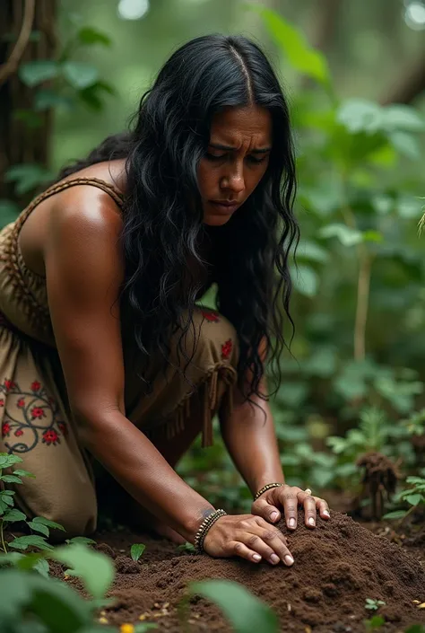 A Taíno mother ,  kneeling fashion,  cries over her rens makeshift grave.