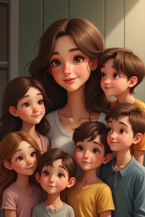 mom and five s two girls three boys 

Brown hair
Brown eyes