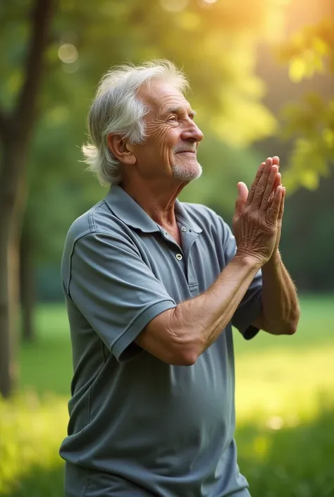 Elderly person doing light exercises like stretching outdoors, natural lighting, 50mm lens, healthy and active scene