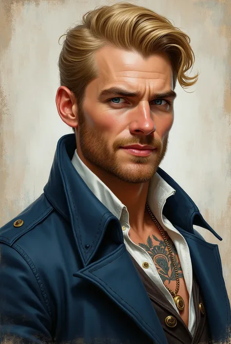 Drawn Portrait of a rugged and handsome man, viking, pirate, short Blond Hair, Alexander Ludwig, clear blue eyes, dark blue victorian captains frock, open shirt,  Sailor tattoos, Smiling, regency era, vintage fantasy Portrait art, oil painting