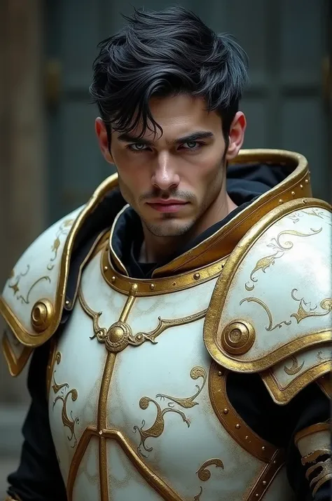 A guard ,  boots of white and gold armor, white skinned,  Blue Eyes,  black hair, Tall and strong. ( In armor ,  he only wears ,  pants and chest .)