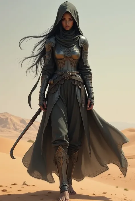 female genasi, , grey skin, red eyes, long black hair,Thin, hooded, her hair is long tied in a pony tail which pokes out of the back of her hood, she wears plate armour and haram pants, barefoot with a iron metal anklet on her right ankle, front facing, fe...