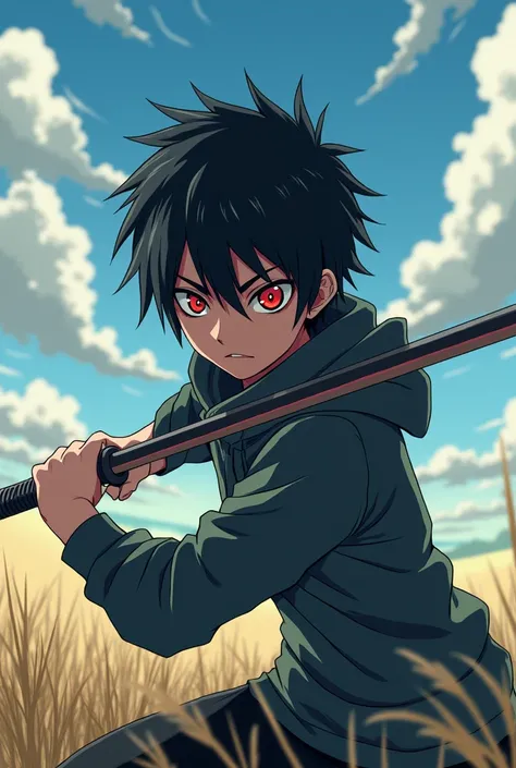 Create a teenage anime character uchiha bloodline short spiky hair, sharingan eyes shaped like clock hands, cold demeanour, hoodie  training with a sword in an open field 

Speedlines,intense aura
 