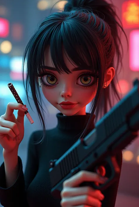 a highly detailed 3D render of an animated character of a girl smoking a marijuana joint and holding a gun in her hand, chocolate meringue dessert, hyper realistic, 8k, intricate details, photorealistic, dynamic pose, moody lighting, cinematic composition,...