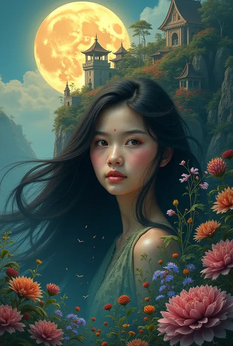 realpic . a beautiful Indonesian girl with long hair face in the foreground , filled with castle scenery , ,  and a fantastic big moon . merging her body with nature . The background expands this fantasy world with bright colors and the addition of a castl...