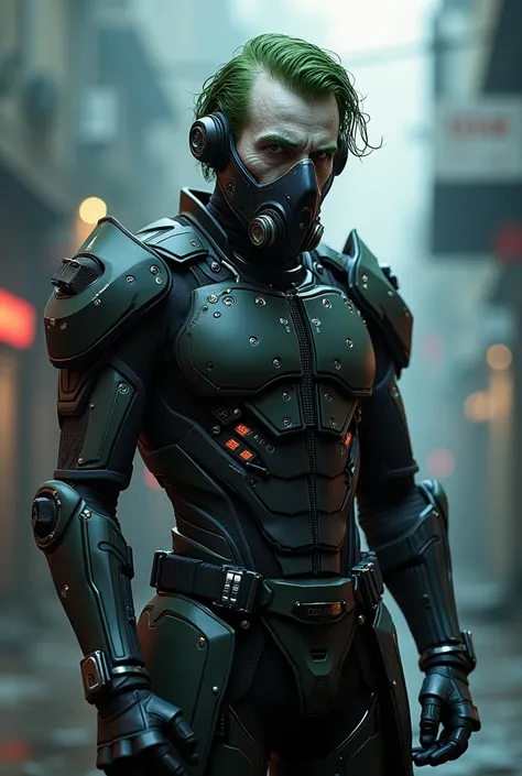 Joker, hes wearing power armor, hes got a futuristic gas mask on his face. Hes standing straight, joker makeup, calm face.