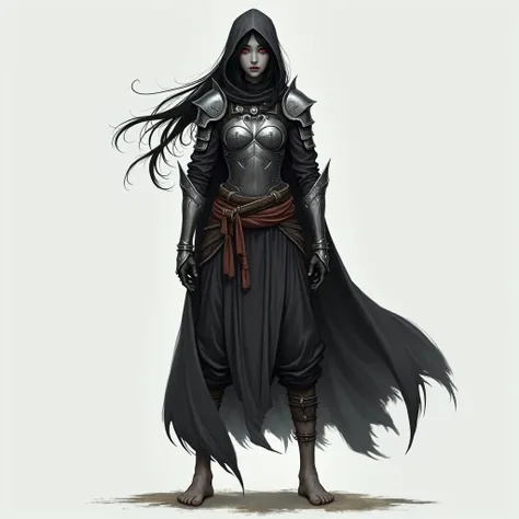 female genasi, , grey skin, red eyes, long black hair,Thin, hooded, her hair is long tied in a pony tail which pokes out of the back of her hood, she wears plate armour and haram pants, barefoot with a iron metal anklet on her right ankle, front facing, fe...