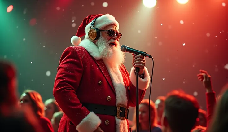 A modern and charismatic Father Christmas, performing on a festive concert stage, holding a microphone. Santa wears a classic red suit, but with modern and shiny details, such as sunglasses or headphones. The scene shows vibrant stage lights (red, green an...