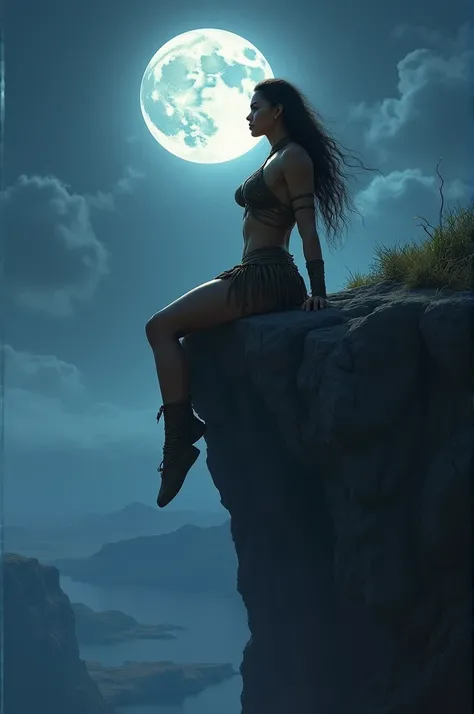 Muscular Amazon Indian sitting on the edge of a 
High cliff looking at the Moon 
Photo 