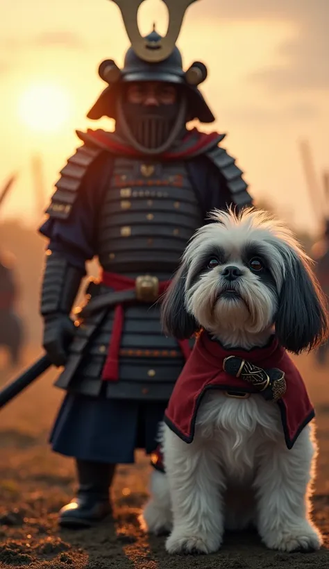 A courageous Shih Tzu with gray and white fur, standing proudly with a samurai on a battlefield. The samurai has a katana at his side, and the Shih Tzu wears a mini samurai helmet. The background shows the aftermath of a battle, with a setting sun casting ...