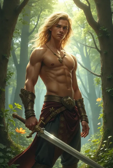 Realistic photo. Tan good looking skinny 18yo boy with blonde hair holding a sword. Magical Fantasy forest setting.