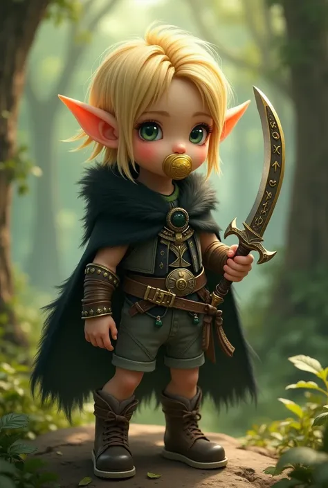 Create final fantasy style a beautiful baby elf cute boy with short straight gold hair with green eyes with strong legs with a golden pacifier in his mouth wearing a black fur cloak with green details with a light black vest with details underneath with so...