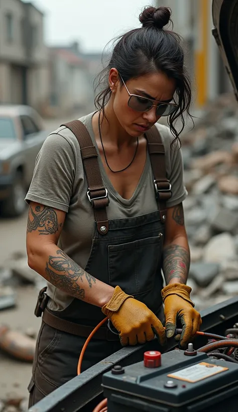 A  old young woman with beautiful and realistic skin texture, working against a background of concrete rubble. Her work-stained shirt is stained from work, work gloves and work goggles, toned abs, and baggy work pants. She has tattoos on her arms that add ...