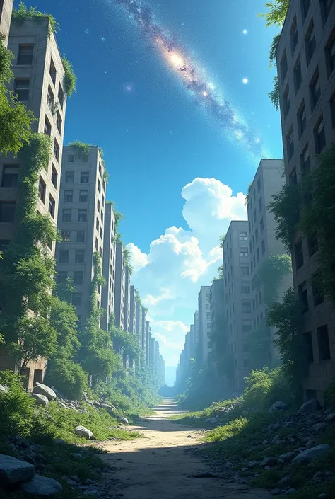 Ruined city center , The universe can be seen in a clear sky,A very bright day