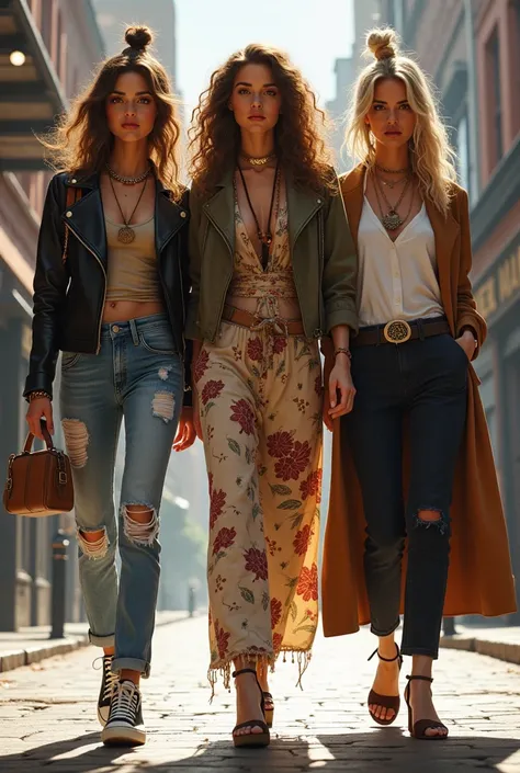 1 16-year-old girl with urban style ,  a 22-year-old woman , with casual bohemian style and another 30 year old woman with elegant style