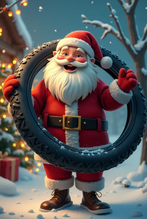 CHRISTMAS SANTA HOLDING A BIKE TYRE