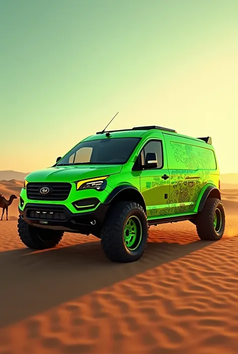 Apache van seen from the recent side in phosphorescent green rally sport type with a desert background and showing a camel in the back