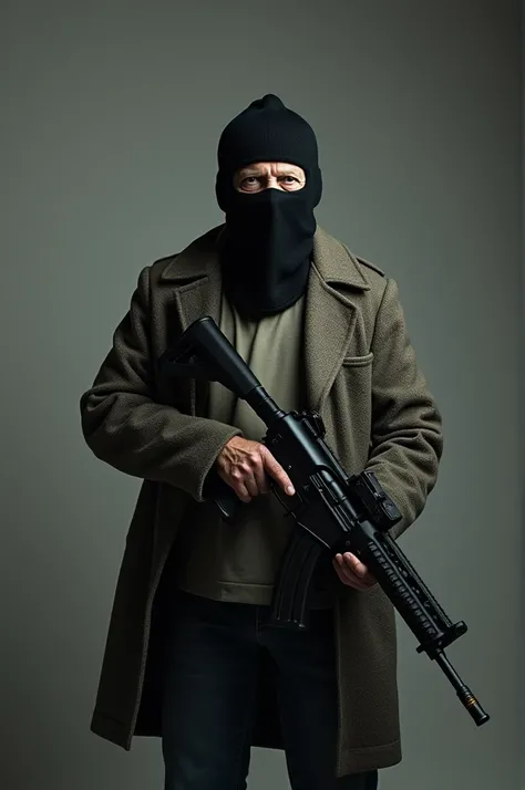  old wearing ski mask and holding a gun in studio photo shoot full body image