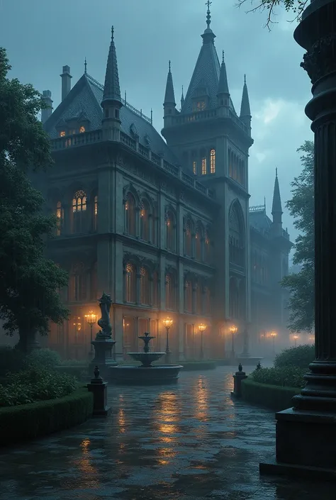 Create a palace ,  set in the 1500s, without people,  that is at night and in rain
