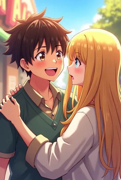 Young brown white man who is happy to meet his blonde best friend with straight hair. Image style anime 