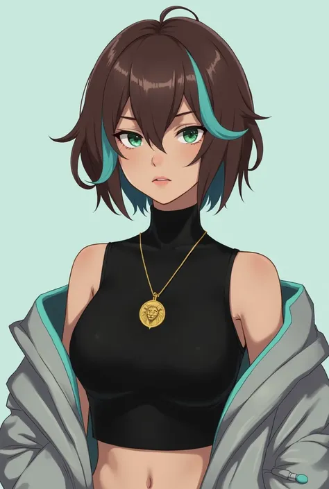 Teen, serious girl with short brown hair, cyan streaks and green eyes. Wearing a sleeveless black turtleneck cropped top under a sleeveless light-gray jacket with cyan details.  Wearing a golden necklace with a lion symbol on it. 