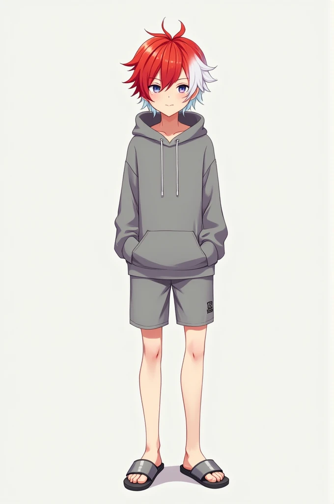 A male  anime character, with two toned red and icy white medium long hair, wears hoodie adn shorts and slippers 