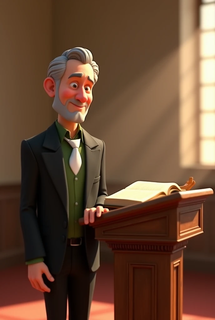 Create 3D pixar image ,  man standing next to a wooden pulpit , open bible,  fair skin , kind, light brown eyes, gray hairs,  wearing black suit green shirt with white tie