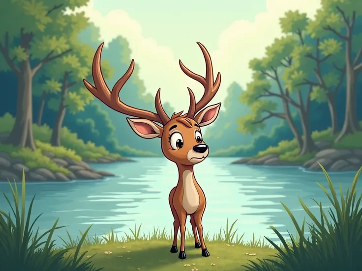 Cartoon image of a sad deer, in front of him there is a big river. He looks confused to find the way to cross the river