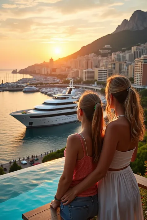 
" A stunning view of Monaco from a different angle ,  showing the majestic architecture of the large hotels and casinos along the coast .  The port is full of yachts ,  and the sun sets behind the hills ,  casting a golden glow over the Mediterranean Sea ...