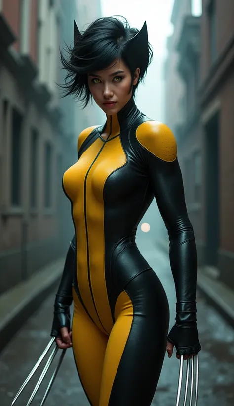 "Create a powerful and fierce female version of Wolverine from Marvel Comics. She has a strong, athletic build with short, spiky black hair and striking yellow eyes. She wears a sleek, form-fitting costume with a yellow and black color scheme, featuring th...