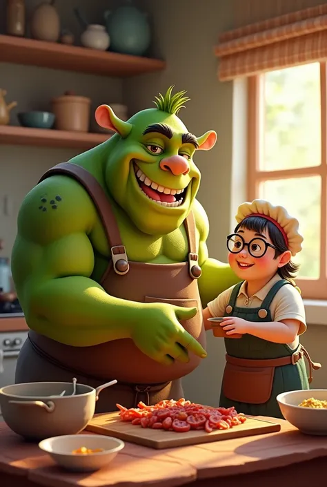 a green ogre and friendly cook who wears small glasses and kitchen apron 