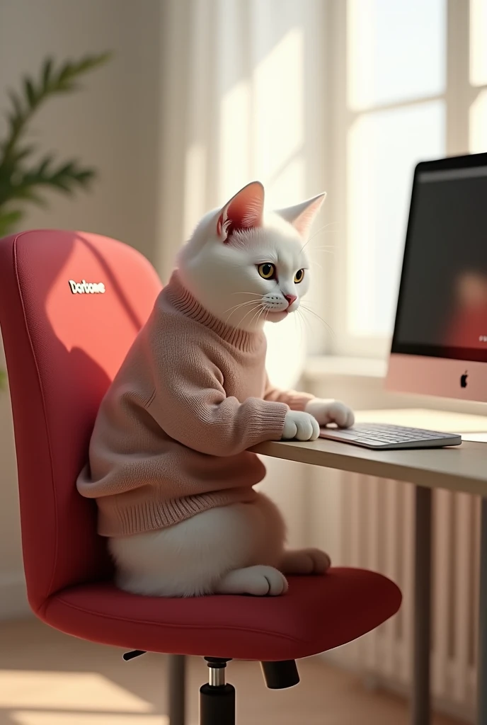  in a bright room, a white cat in a sweater is sitting behind the computer, on the red computer chair ,and the chair says dorbone 