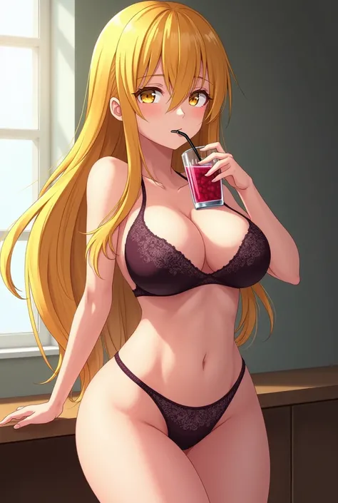 A thicc female anime character age 18 wearing a very revealing skirt and revealing bra, with long yellow hair and yellow eyes, drinking a grape juice with straw on a glass and 108 cm boobs 