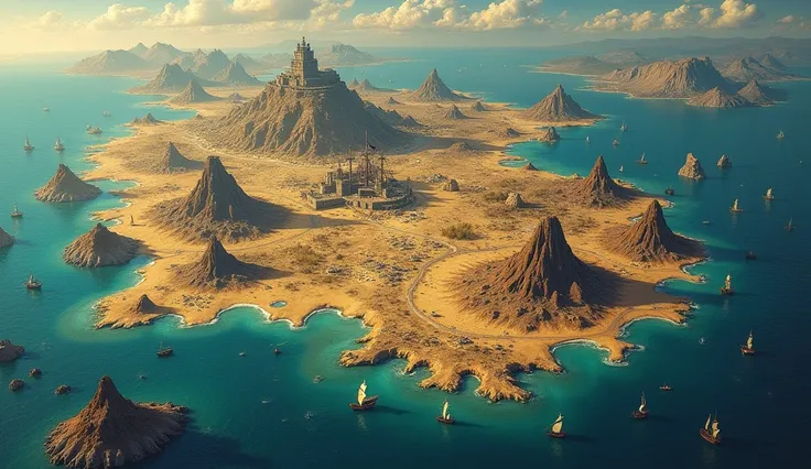  On a table A super large map illustrated with islands ,  desert-like landscapes ,  4 mountains , much sea,  two towns , An abandoned castle,  a volcano , 4k, ultradetalle, 3200x1800 ,  with 10 ships distributed across the sea shooting cannons.  The table ...