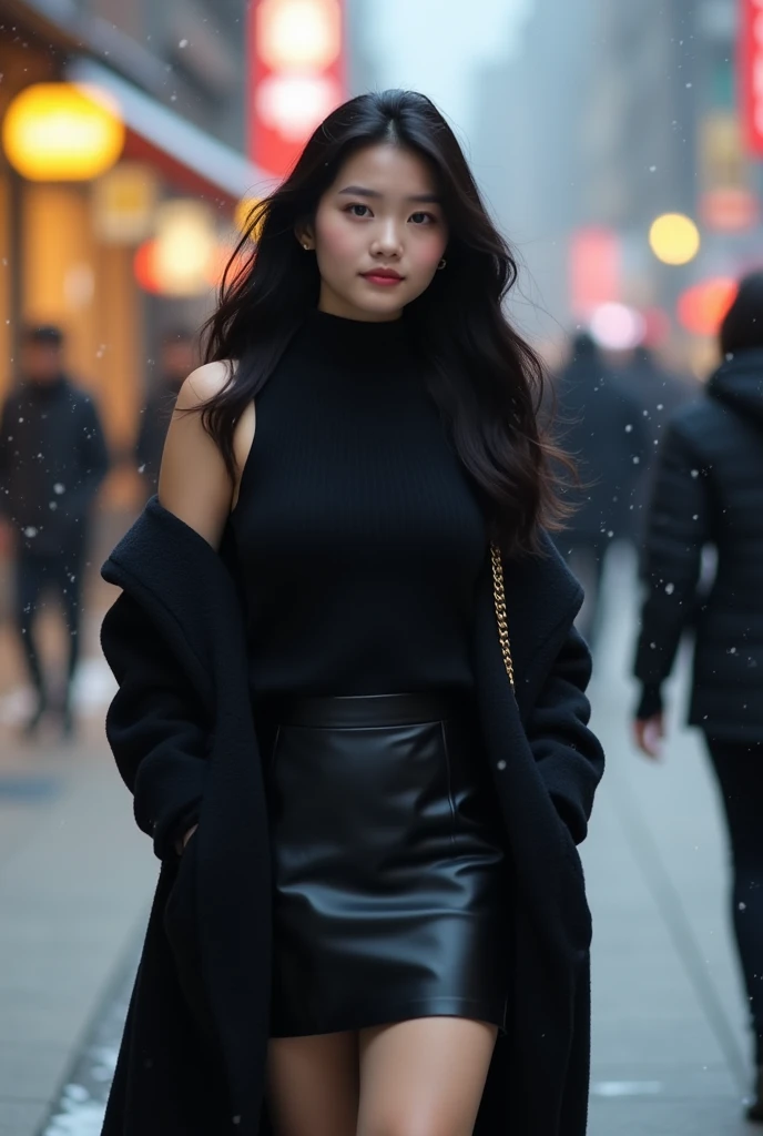  A 25-year-old Korean girl ,  fair skin , extremely long and wavy black hair,  the woman has a curvaceous body with a thin waist ,  slightly plump breasts ,  medium thighs and thin arms .  Wearing a sleeveless black high-neck blouse ribbed fabric ,  an ove...