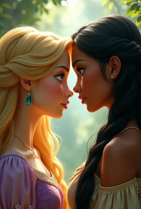 rapunzel e pocahontas messe di fronte che si vedono le faccce vicine